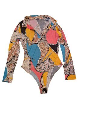 Fashion Nova Womens Long Sleeve Printed Bodysuit Multicolor Size Large